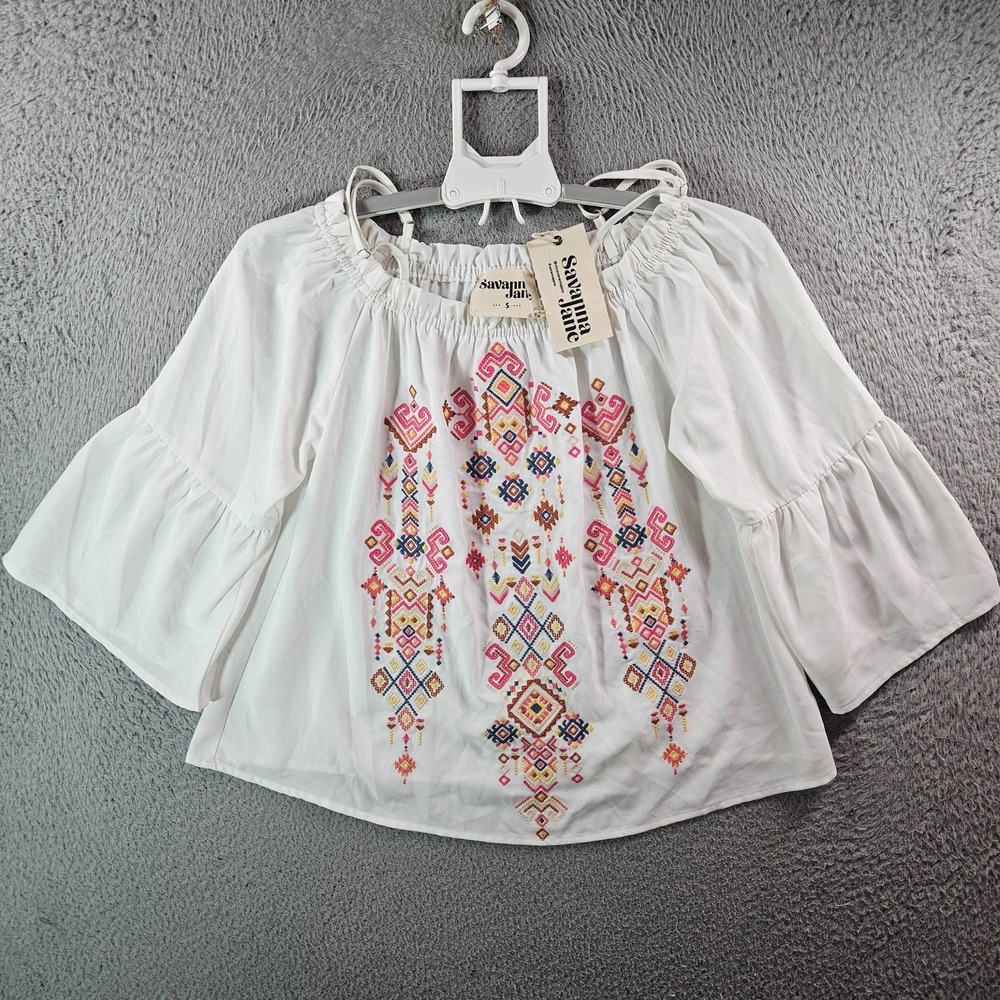NEW Savanna Jane Cropped Top‎ Women Small Off Shoulder Embroidered White Boho